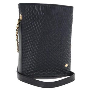 Authentic BALLY Chain Shoulder Bag Leather Navy Gold